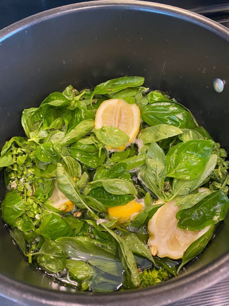 The beginnings of our Lemon Basil Syrup... look at how fresh those herbs are!